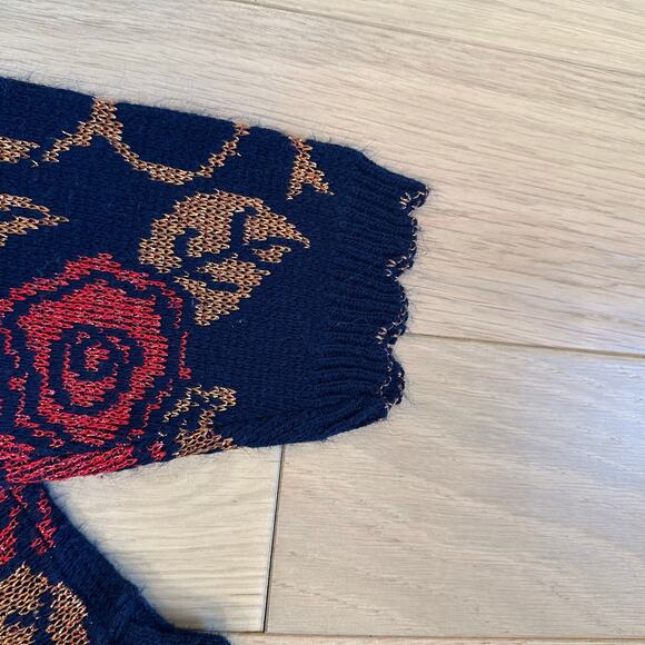 Vintage Dana Scott Christmas Sweater Blue Red And Copper Color Flowers and Bows - Picture 3 of 8